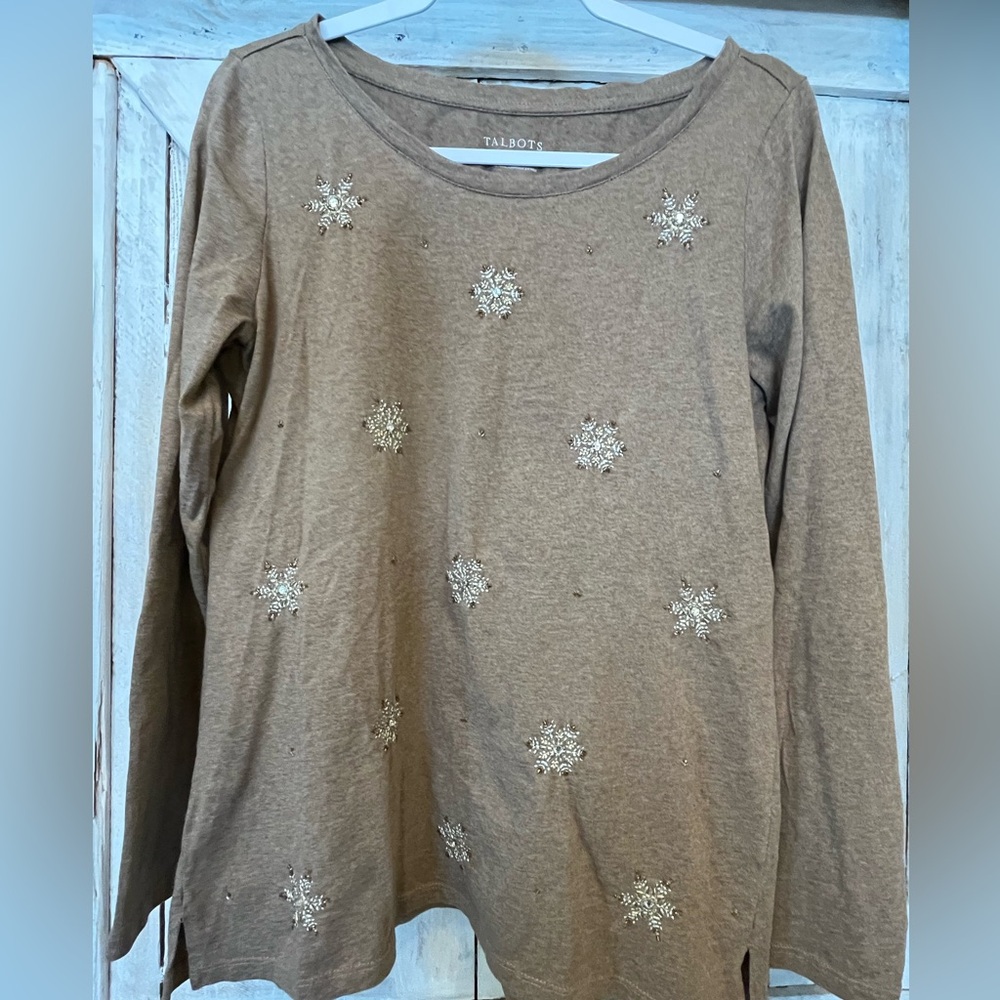 Talbots Women’s Brown Long Sleeve  Bead Embellished Snowflake T Shirt Size M
